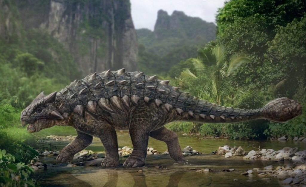 ankylosaurus pasando por un riachuelo