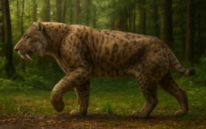 smilodon fatalis en medio de un bosque